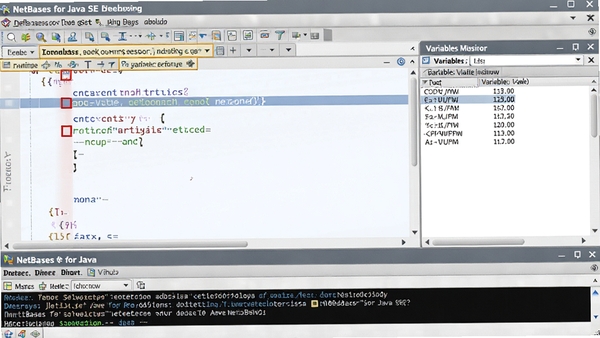 一张展示NetBeans for Java SE调试会话的图片,代码行前有红色断点标记,调试工具栏高亮,变量监视窗口显示当前值,底部的控制台输出调试信息