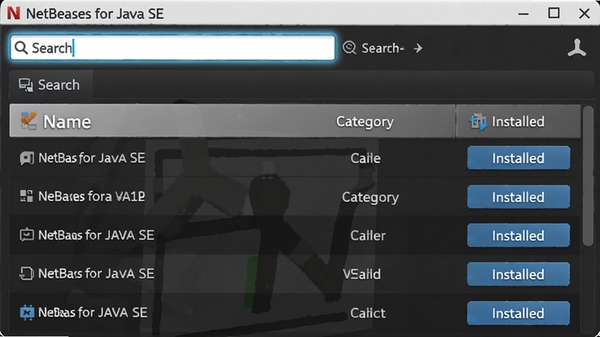 一张展示NetBeans for Java SE插件管理器的图片,插件列表展示名称、分类和安装按钮,界面整洁,搜索框高亮显示