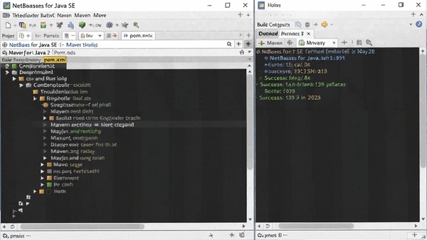 一张展示NetBeans for Java SE中Maven构建配置的图片,项目中pom.xml文件打开,依赖树展示清晰,构建输出窗口显示成功信息