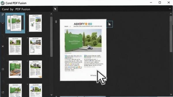 Corel PDF Fusion��ҳ������ͼ�༭���棬�����ʾ��ҳ����ͼ��֧����ק����˳�򣬽����࣬���ָ�����϶�һҳ����ͼ������ҳ�������ֱ�۱��