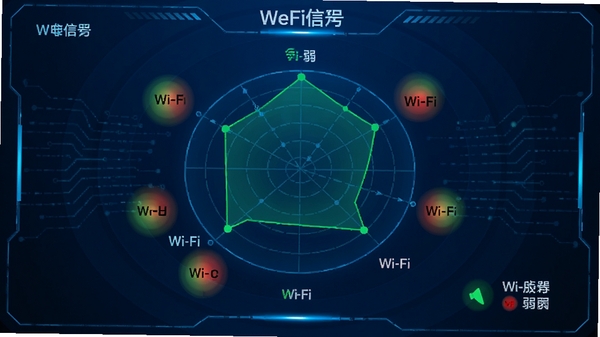 WeFi�ź�ɨ���״�ͼ����Χ���Wi-Fi�ȵ��Բ�ͬ��ɫ��ʾ����ɫ��ʾǿ�źţ���ɫ��ʾ���źţ�����Ƽ���ǿ����ɫ����