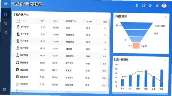 六台阶客户管理系统主界面截图,展示客户列表、销售漏斗和统计图表,风格现代简洁,色彩以蓝色和白色为主,突出数据可视化效果