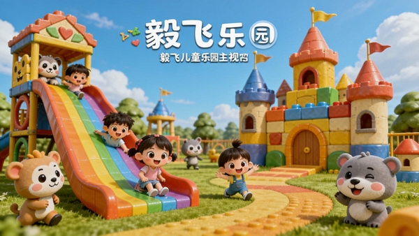 毅飞儿童乐园主视觉图,展示欢乐的卡通乐园全景,孩子们与各种可爱动物角色在彩虹滑梯、积木城堡中嬉戏,色彩明亮活泼,UI界面清晰友好,风格为3D卡通渲染,高清壁纸质感