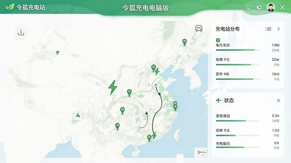 令狐充电脑版界面截图,展示充电站地图分布与状态信息,风格简洁现代,绿色环保主题