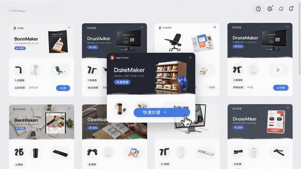 չʾappMakerģ���Ľ��棬�Կ�Ƭ��ʽչʾ������ҵӦ��ģ�壬�����ͣ��һ������ģ���ϣ���ʾԤ���Ϳ��ٴ�����ť������Ϊǳ��ɫ
