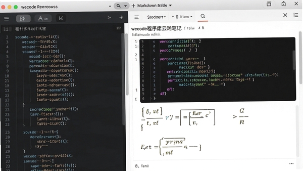 wecode程序员云笔记的Markdown编辑界面,左侧源码右侧渲染效果,包含标题、列表、代码块和公式,风格简洁清爽