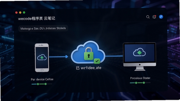 wecode程序员云笔记的同步设置界面,显示多设备同步状态,手机和电脑图标连线,云端图标显示已加密,背景科技感