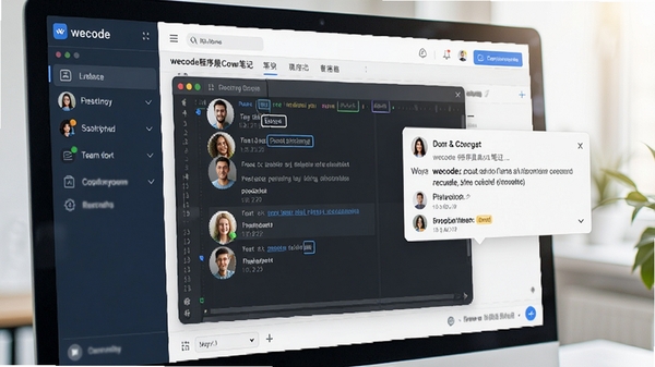 wecode程序员云笔记的团队协作界面,展示多人头像与实时编辑光标,有评论弹窗,界面明亮协作感强