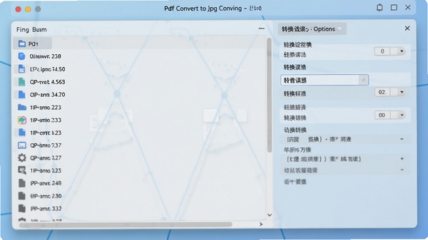 一张展示pdf转换成jpg转换器主界面的截图,界面简洁,左侧为文件列表,右侧为转换设置选项,背景为淡蓝色渐变,整体风格现代专业
