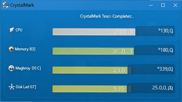һ��CrystalMark������ɺ�Ľ�����棬������ʾCPU���ڴ桢���̡��Կ�����������ܷ֣�����Ϊ��ɫ�����������������ɼ�