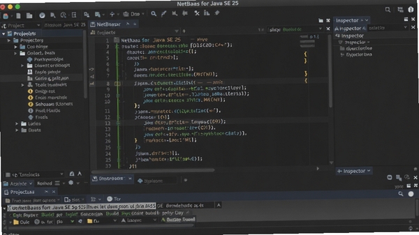 һ��չʾNetBeans for Java SE 25�汾��ɫ����IDE����ĸ����ͼ�����Ϊ��Ŀ��������Ϊ�����﷨������Java����༭�����Ҳ�ΪInspector��壬�ײ���ʾ�����������̨�����������ִ�