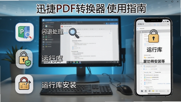 迅捷PDF转换器使用指南图解,展示常见问题解决方法,如闪退处理、运行库安装等,配以图标和文字说明,风格实用,背景为电脑桌面和手机对比图