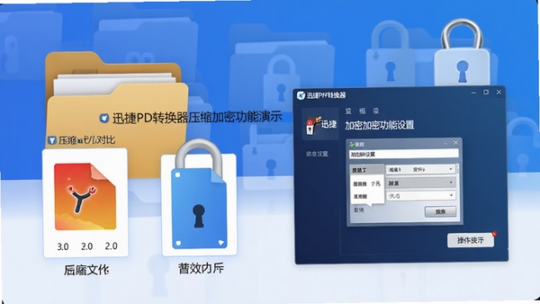 迅捷PDF转换器压缩加密功能演示,展示压缩前后文件大小对比,以及加密设置窗口,界面直观,操作提示清晰,背景为文件夹图标和锁图标,突出安全高效