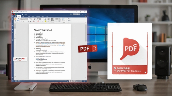 迅捷PDF转换器Word转PDF功能演示,展示Word文档转换为PDF后的对比效果,突出排版保真和高清晰度,背景为电脑桌面,软件窗口高亮显示
