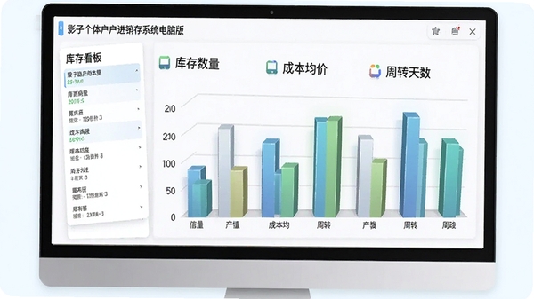 影子个体户进销存系统电脑版的库存看板界面,展示各类商品的库存数量、成本均价和周转天数柱状图,整体配色清新,图表立体感强。