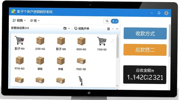 影子个体户进销存系统电脑版的销售开单界面,展示购物车式商品列表、收款方式选择按钮和应收金额大字显示,界面风格明亮,操作按钮醒目。