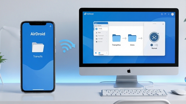 AirDroid主界面展示图,展示手机与电脑无线连接、文件传输和远程控制的界面,风格现代简洁,蓝色主题色调,高清渲染