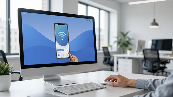 AirDroid远程控制手机场景图,电脑屏幕显示手机界面,鼠标点击操作,背景为现代办公室,画面清晰明亮,突出远程操控的便捷性