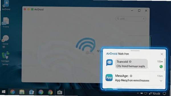 AirDroid通知同步界面,电脑桌面右下角弹出手机通知卡片,包含短信和App消息,设计简洁,蓝色高亮边框,体现信息同步的即时性