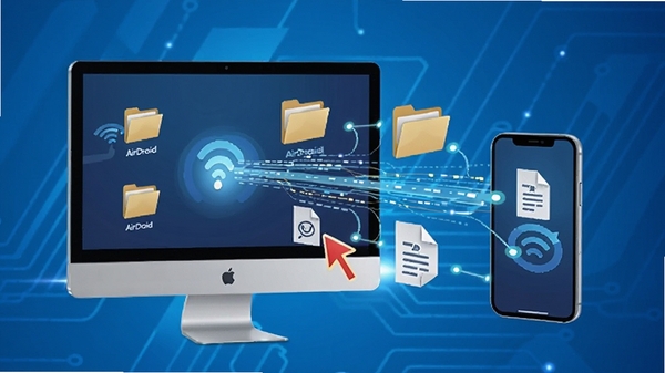 AirDroid文件传输界面示意图,电脑与手机之间有多条数据流动线条,文件夹图标和文件图标悬浮,背景为科技感蓝色调,强调高速与便捷