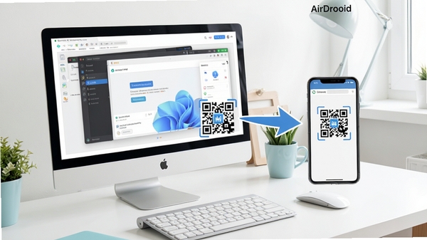 AirDroid使用教程配图,展示电脑端和手机端配对步骤,箭头指示扫码连接过程,背景为干净的工作台,色调明亮,强调简单易用