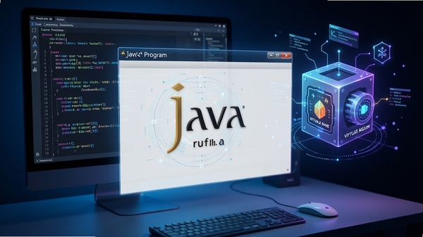 Java Runtime Environment 界面示意图,展示Java程序在桌面运行的环境,背景有代码和虚拟机的抽象图形,现代科技风格,高清