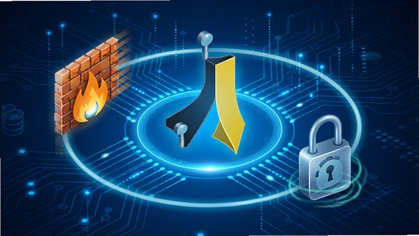 Java Runtime Environment 安全防护机制示意图,显示防火墙和加密锁图标,环绕Java标志,蓝色科技感背景,高清