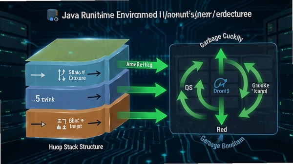 Java Runtime Environment 内存管理示意图,显示堆栈结构和垃圾回收动画,绿色箭头,科技感背景,高清