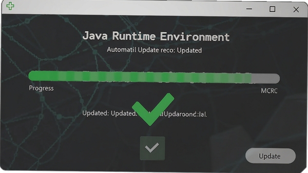 Java Runtime Environment 自动更新界面,显示进度条和更新提示,绿色对勾,简洁现代UI,高清