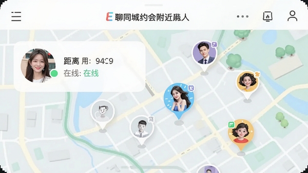 E��ͬ��Լ�ḽ�����˹��ܽ��棬չʾ�û�ͷ�񡢾��롢����״̬����ͼ�����Ϸֲ��Ŷ���û�λ�ñ�ǣ�������»���
