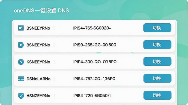 oneDNSһ�����õ�DNS�б�ҳ�棬չʾ���DNS���������ƺ�IP��ַ��ÿ��ѡ���Ҳ��С��л�����ť�������ƽ����ƣ�ɫ������