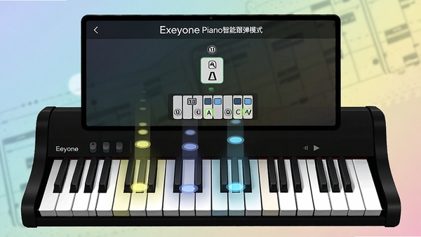 Exeyone Piano���ܸ���ģʽ����������������������䣬��Ļ������ʾָ����ʾ������Ϊ��ͽ���ɫ��