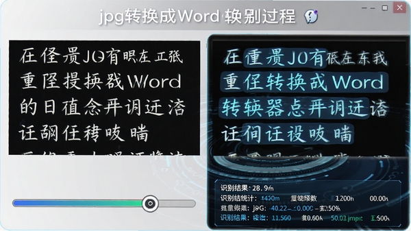 动态展示jpg转换成word转换器识别过程,左侧为一张包含清晰中文文字的JPG图片,右侧为正在识别并高亮显示文字区域的动画效果,下方有进度条和识别结果统计,整体风格科技感十足。