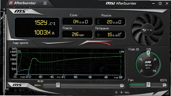 ΢���Կ���Ƶ����(MSI Afterburner)�������ͼ����ʾ�Կ�����Ƶ�ʡ��Դ�Ƶ�ʡ��¶ȼ�������Լ�����ת�ٵ��ڻ��飬������Ƽ���ʮ�㣬����Ϊ��ɫ��·�����������廭������������