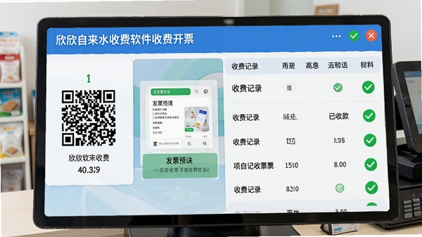 ��������ˮ�շ������շѿ�Ʊ���棬��ʾ�տ��ά�롢��ƱԤ�����շѼ�¼�б�����ɫ�Թ���ʶ���տ����Ϊ����̨��������ˬ����