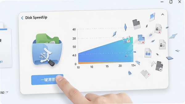 ��ָ���Disk SpeedUp�����ϵġ�һ����������ť�����̿ռ�ͼ��Ѹ��������Χɢ�����ļ���Ƭ��ʧ�Ķ���Ч���������ɾ����������������ʡ�ĵ�ʹ�����顣