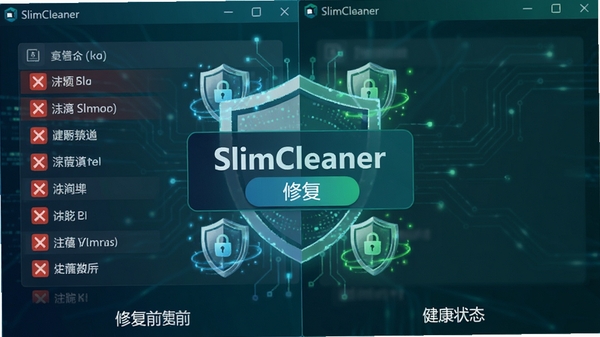 չʾSlimCleanerע����޸�ǰ��ĶԱ�ͼ�����Ϊ��ɫ�������б����Ҳ�Ϊ��ɫ����״̬���м��С��޸�����ť����Χ�з�������ͼ�꣬����ɫ��������Ϊ�����Ƽ���ǿ����������SlimCleaner��������