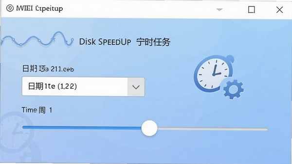 Disk SpeedUp�Ķ�ʱ�������ý��棬��������ѡ������ʱ�们�飬����Ϊ��͵Ľ�����ɫ��ͼ��Ϊʱ�Ӻͳ��֣�������Ƽ������
