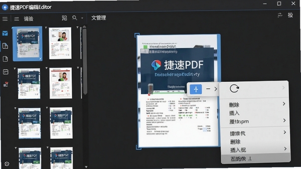 ����PDF�༭������ҳ��������棬�����ʾ��ҳ����ͼ������һҳ���϶�����λ�ã��Ҽ��˵���ʾ��ת��ɾ���������ѡ��