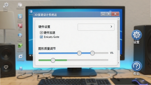 3D家居设计系统运行优化示意图,显示设置界面中的硬件加速选项和图形质量调节滑杆,背景为电脑桌面,软件界面清晰,旁边有“设置”和“帮助”图标