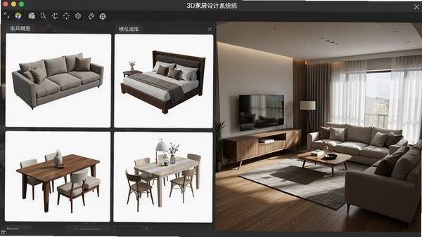 3D家居设计系统家具模型库展示,包含沙发、床、餐桌等多种风格的3D模型,右侧为实时渲染的客厅效果,光线自然,材质逼真,软件名称在界面顶部可见