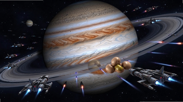 木星太豆游戏主视觉图,展示宏大的木星背景与太空舰队,宇宙深空色调,高细节CG渲染