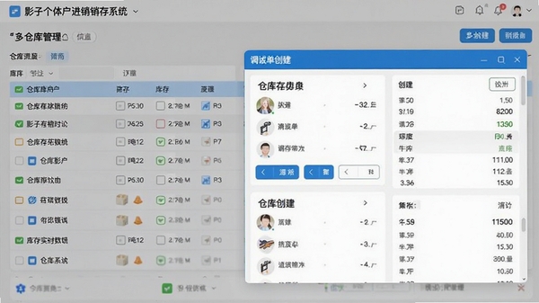 影子个体户进销存系统多仓库管理界面,展示仓库列表,调拨单创建窗口,以及各仓库库存实时数量