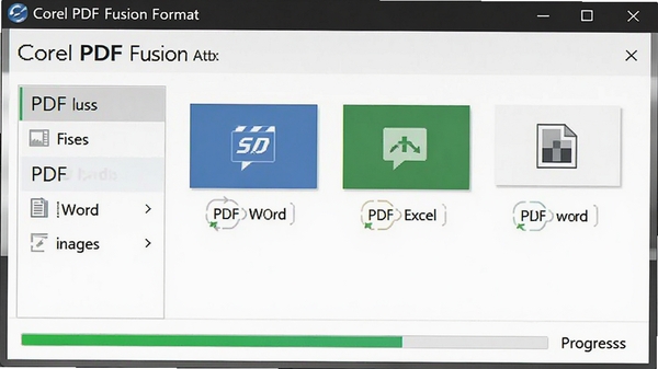 Corel PDF Fusion��ʽת�����ڣ��г�PDFתWord��Excel��ͼƬ��ѡ������н�������ʾת��״̬