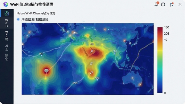 WeFi�ŵ�ɨ�����Ƽ����棬չʾ�ܱ�Wi-Fi�ŵ�ռ���������ͼ