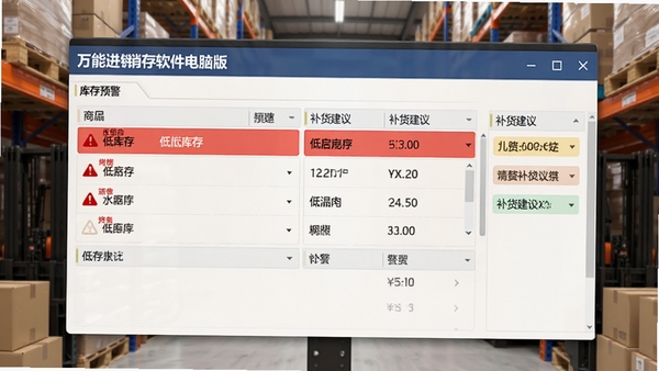 万能进销存软件电脑版库存预警界面,红色警示标记低库存商品,旁边显示补货建议,界面数据清晰,背景为仓库货架,风格写实