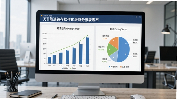 万能进销存软件电脑版财务报表展示,包含柱状图和饼图,展示销售趋势与利润分析,界面专业,背景为办公场景,风格商务大气
