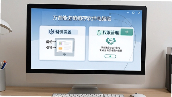 万能进销存软件电脑版新手引导界面,展示备份设置和权限管理,背景为电脑屏幕,风格简洁教学