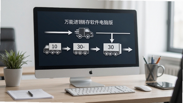 万能进销存软件电脑版采购销售流程图,展示从订单创建到出库完成的完整链路,界面带箭头指示,背景为办公桌面,风格简洁商务