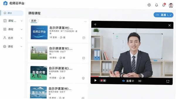 名师云平台界面截图,展示课程列表与直播窗口,明亮简洁的UI设计